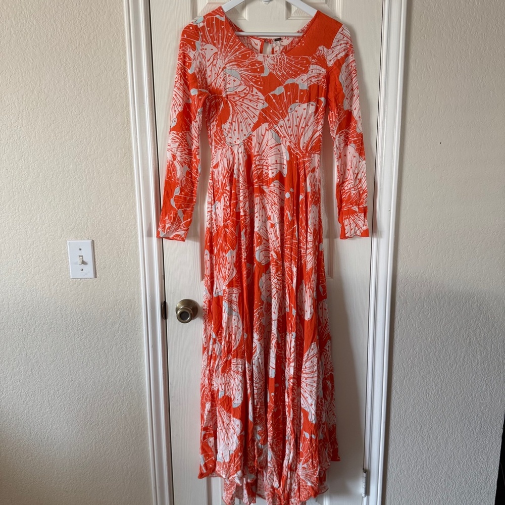 Free People First Kiss Orange Floral Long Sleeve Maxi Dress | XS